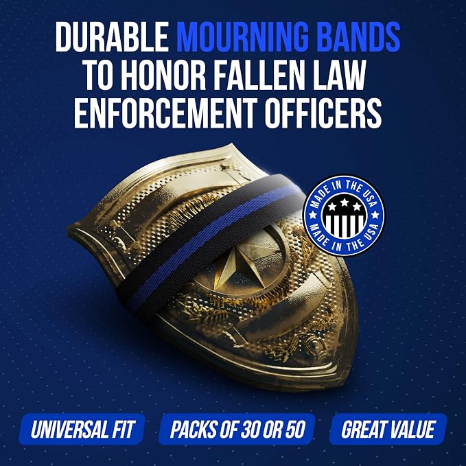 Shirt Stay Plus Mourning Bands for Badges (50-Pack - Made in USA) Thin Blue Line Stripe, Law Enforcement, Police Officer, Honor Guard Funeral Shield Elastic Band