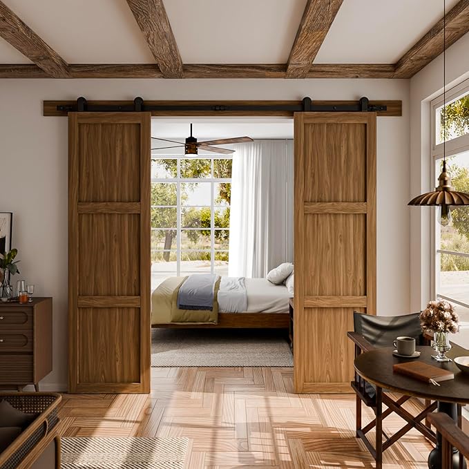 CCJH 19FT Sliding Barn Door Hardware Kit, Heavy Duty, Smoothly and Silently, Easy to Install, Fit 57" Width Double Door Panel, T-Shaped Style Black