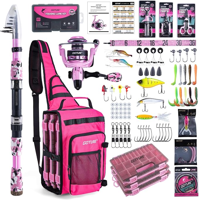 Goture Pink Fishing Rod and Reel Combo - ML Action Spinning Reel Pole with Pink Bag - Telescopic Rod Kit for Starter Travel Saltwater Freshwater, Gift for Woman