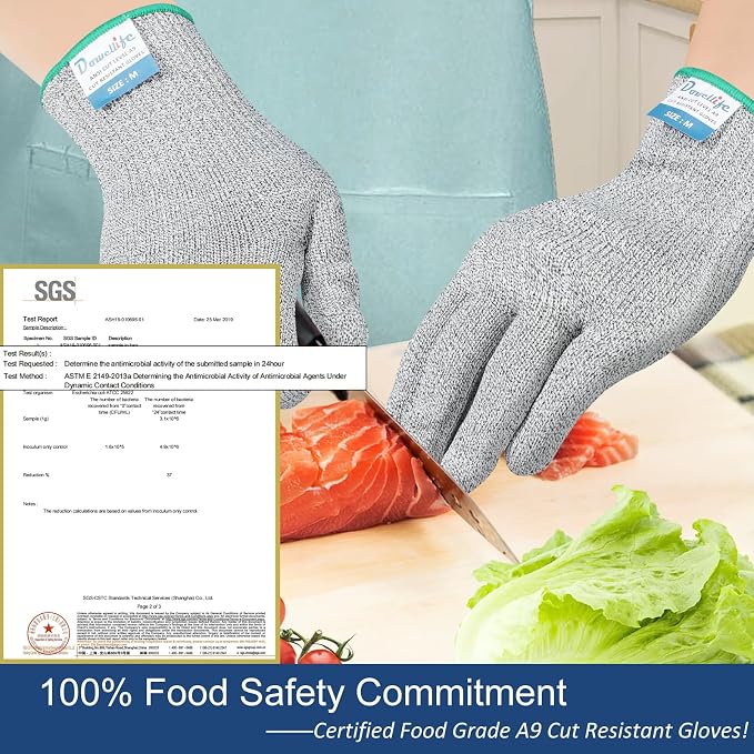 Dowellife Cut Resistant Gloves A9 Maximum Protection - Food Grade Kitchen & Chef Gloves for Food Prep, Knife Cutting, Mandoline Slicing, Butcher, Oyster Shucking, Fish Handling (Large, 2 Pairs)