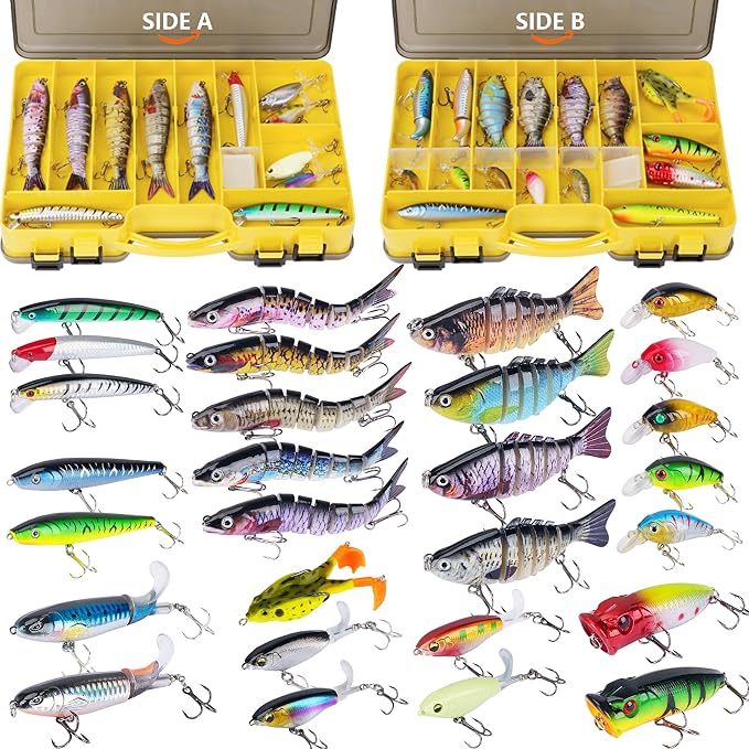 THKFISH Fishing Lures Kit with Multi Jointed Swimbaits Surface Popper Crankbaits Pencil Minnow Frog, 28pcs Topwater Trout Bass Fishing Tackle Fathers Day Fishing Gifts for Men Dad