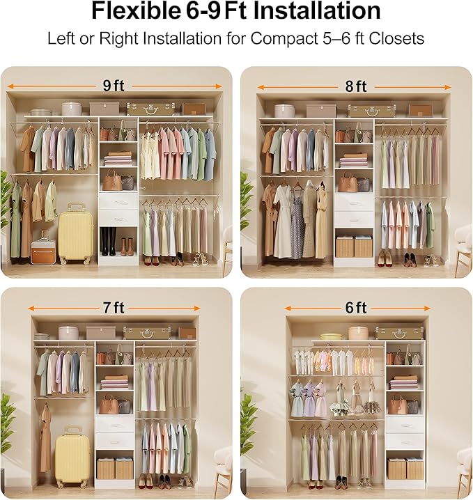 Closet System, 6-9FT Walk-in Closet Organizer System with 2 Wooden Drawers 4 Expandable Hanging Rods, Wood Wardrobe Storage Organizer with Valet Rod, Clothes Garment Rack for Bedroom, White