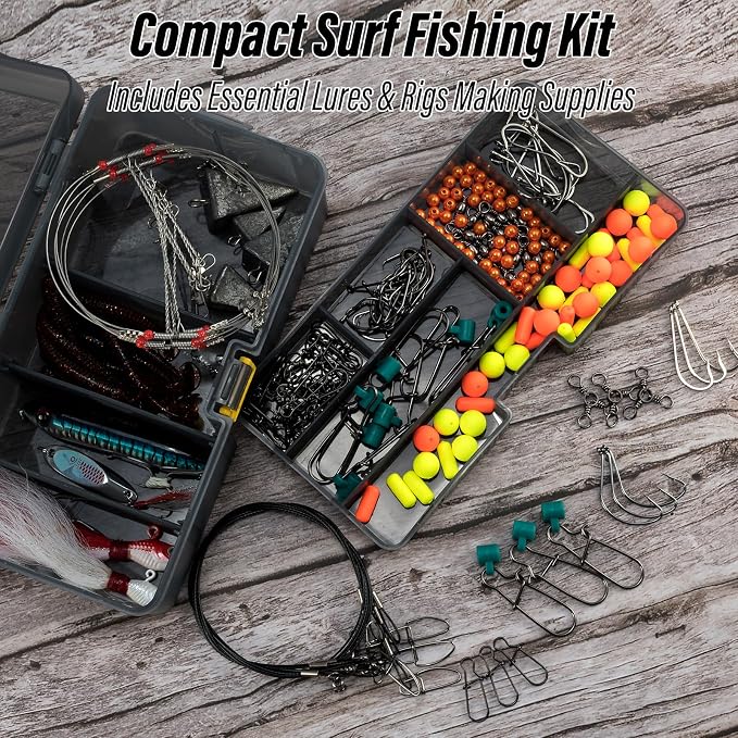 Dr.Fish 269 Pieces Surf Fishing Tackle Box Kit, Saltwater Ocean Beach Fishing Gear Supplies, Lure&Rig Accessories, Bucktail Jigs Saltwater Lures Walking Bait Surf Casting Pyramid Sinkers