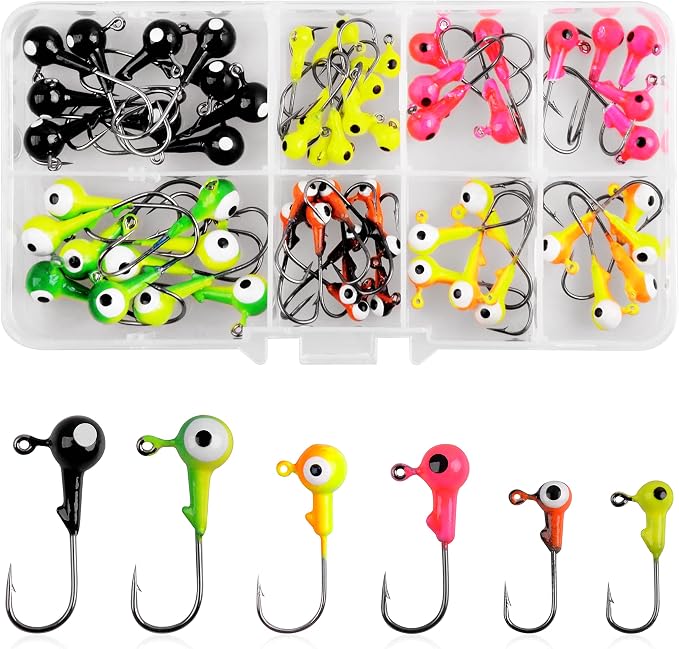AGOOL Fishing Jig Heads Hooks Kit, 35/60pcs Round Ball Jig Heads Fishing Lures Crappie Jig Heads for Soft Plastic Baits Bass Trout Soft Worm Shrimp Lures Freshwater Saltwater