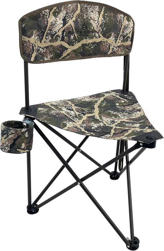 Black Sierra Tri-Lite Folding Stool with Backrest & Cup Holder, Lightweight Portable Hunting Fishing Chair with Carry Strap, Collapsible Outdoor Tripod Seat Supports 225 lbs
