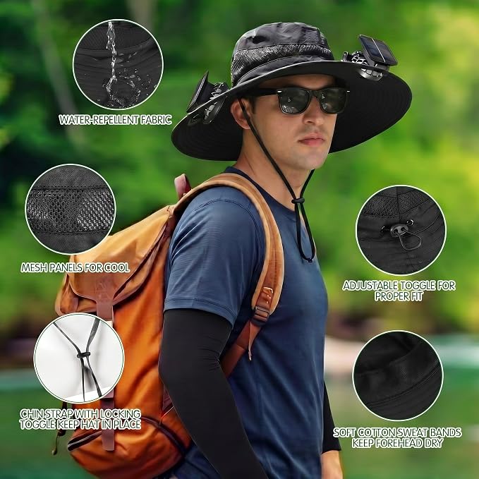 Syhood Solar Powered Fan Hat Neck Gaiter Arm Sleeves Sun Bucket Hat with Fan Cooling Wide Brim Hats for Fishing Hiking