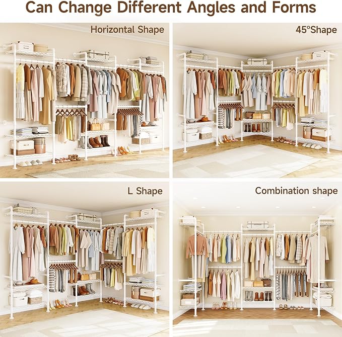 H5 Wall Mounted Closet System, Industrial Pipe Clothes Racks Clothing Rack with 4 Telescopic Rods & 3 Fixing Rods & 9 Shelves, Heavy Duty Closet Organizers and Storage in Wardrobe Closet (White)