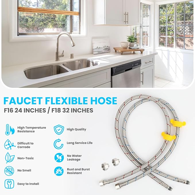 Klabb 32-Inch Stainless Steel Braided Faucet Supply Line, 3/8" Compression x M10 Faucet Connector, Includes 1/2" FIP Adapters, SS304 Flexible Water Hose for Bathroom & Kitchen Sink Faucets