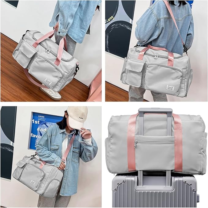 Suruid Travel Duffel Bag with Shoes Compartment Sports Gym Bag with Dry Wet Separated Pocket for Men and Women, Overnight Bag Weekender Bag Training Handbag Yoga Bag - Gray Pink