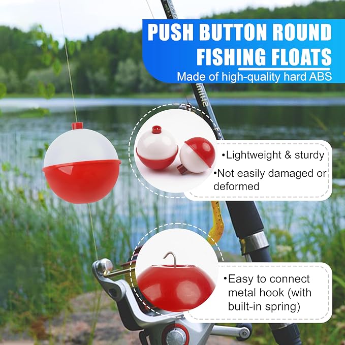 AGOOL Fishing Bobbers Set Snap Hard ABS on Red/White Fishing Floats Bobbers Push Button Round Buoy Floats Tackle Accessories Size: 0.5/0.75/1/1.25/1.5/2/2.5 Inch