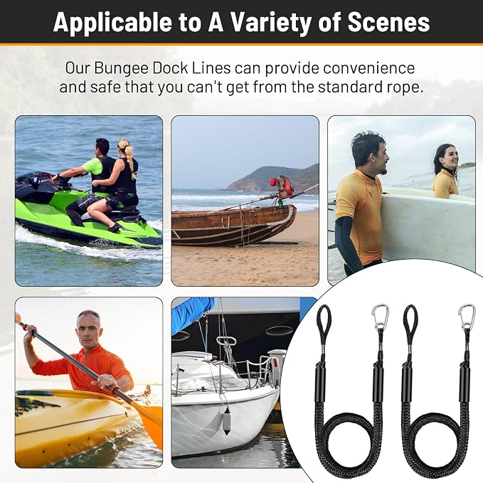 4-5.5ft, Bungee Dock Line with Stainless Steel Clip Safe Boat Rope Mooring String with Foam Float for Pontoon, Boat Accessories, Sea Doo,2 Pack (Black)