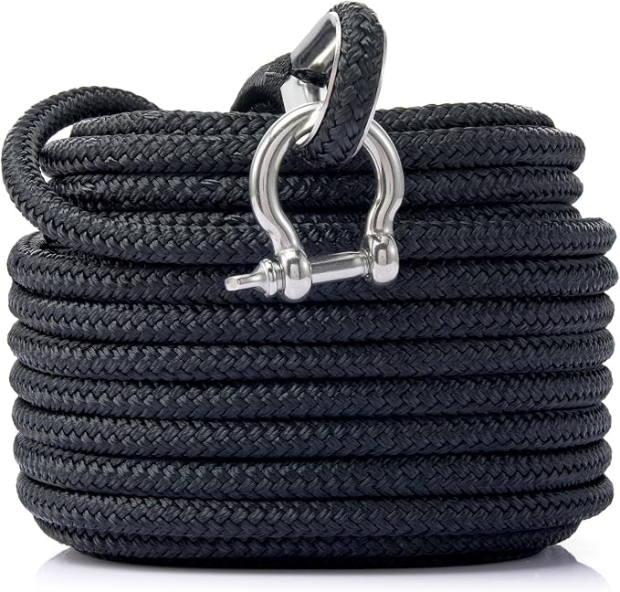 RainierSupplyCo Boat Anchor Rope - Double Braided Marine Rope Anchor Line - 50 ft x 1/4 Inch Nylon Boating Line with 316 Stainless Steel Thimble and Heavy Duty Marine Grade Bow Shackle - Black