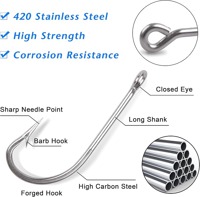 Saltwater Fishing J Hooks Kit,110pcs 34007 O'shaughnessy Forged Hooks Long Shank Stainless Steel J Fishing Hooks Set Trolling Sea Bass Fishhooks for Saltwater Freshwater