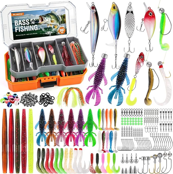 PLUSINNO Bass Fishing Lures - 307PCS Professional Bass Fishing Kit with 6 Pre-Rigged Rigs, All Water Depths Fishing Tackle Box Kit, Fishing Gear Lure Kit Gift for Men Freshwater Bass Trout Walleye
