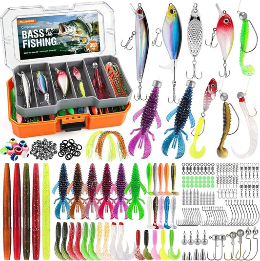 PLUSINNO Bass Fishing Lures - 307PCS Professional Bass Fishing Kit with 6 Pre-Rigged Rigs, All Water Depths Fishing Tackle Box Kit, Fishing Gear Lure Kit Gift for Men Freshwater Bass Trout Walleye