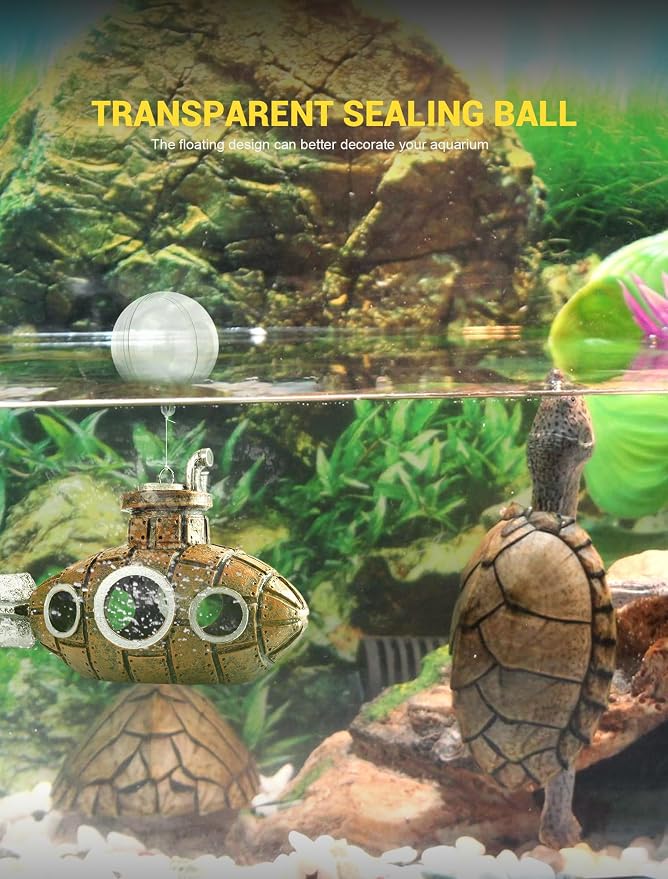 Floating Fish Tank Decoration, Little Cute Retro Submarine Aquarium Decoration with Two Float Balls, Resinous Fish Tank Accessorie, Safe Fish Toy for Betta Cichlid Goldfish Shrimps Hermit Crabs