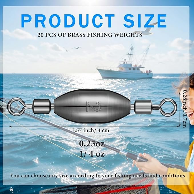 Seenelling 20 Pcs Brass Fishing Sinker Swivel Fishing Weights Saltwater Bullet Sinkers Drop Shot Weight Egg Sinkers with Swivel Rolling Removable Freshwater