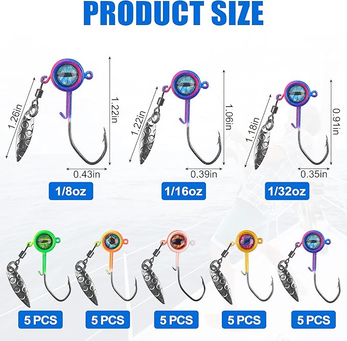Crappie Jig Heads Fishing Lures Kit, 25pcs Underspin Jig Heads with Spinner Blade Eye Ball Head Painted Crappie Lures Fishing Jigs for Bass, Trout, Panfish, Sunfish