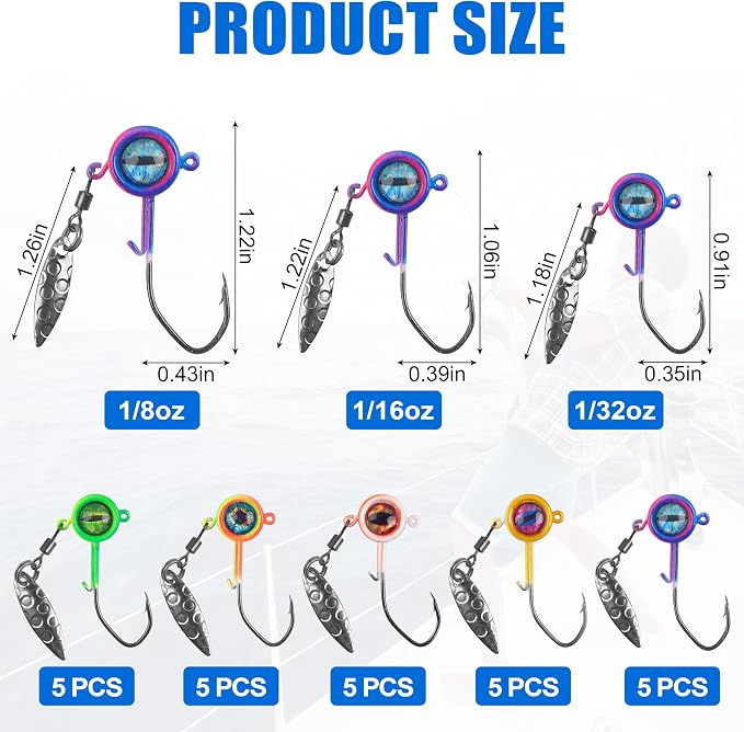 Crappie Jig Heads Fishing Lures Kit, 25pcs Underspin Jig Heads with Spinner Blade Eye Ball Head Painted Crappie Lures Fishing Jigs for Bass, Trout, Panfish, Sunfish