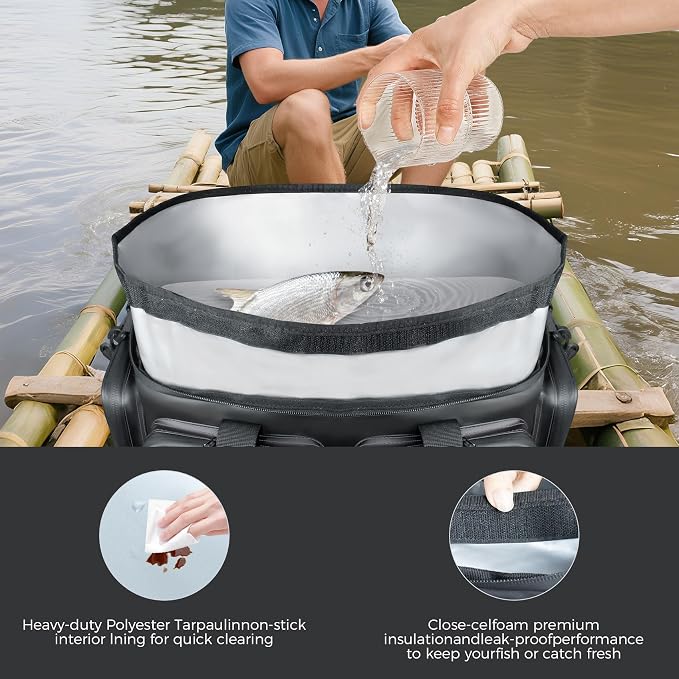 Handor Waterproof Fishing Tackle Bag, Large Saltwater Resistant Storage, 1000D PVC Material, Holds 3600 3700 Trays (Black and Gary, Medium Bag)