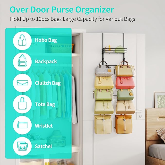 HapiRm Over The Door Purse Organizer - Wall Mounted Purse Rack with 10 Hooks and Metal Basket, Hanging Handbag Organizer Holds up to 10 Bags, Bag Rack Can Use As 1/2 Part, for Door, Closet (Black)