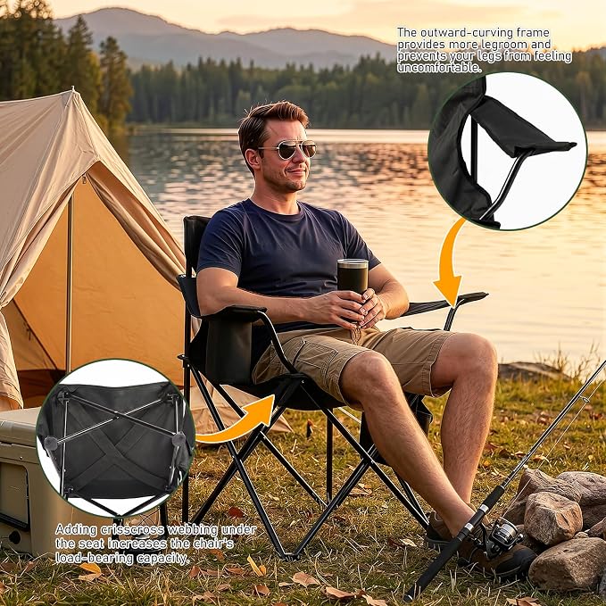 Outvita Heavy Duty Camping Chair with Insulated Cooler, 350LBS Folding Portable Chair with Cup Holder, Side & Back Pockets, Outdoor Foldable Chair for Camping Fishing Tailgating Beach