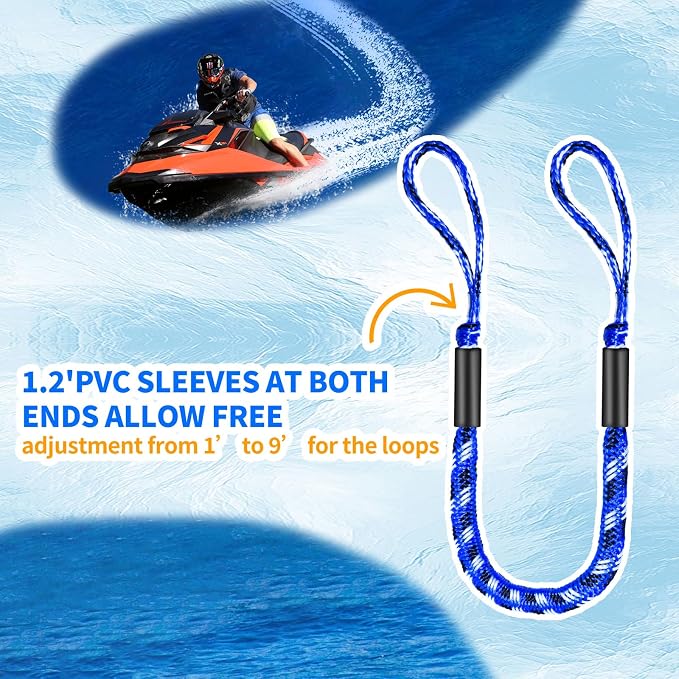 2-Pack Bungee Dock Lines for Boats with Loops, Boat Tie Downs for Docking, Adjustable Boat Mooring Rope for Pontoon, Jon Boat & PWC (Blue, Black & White, 4 FT)