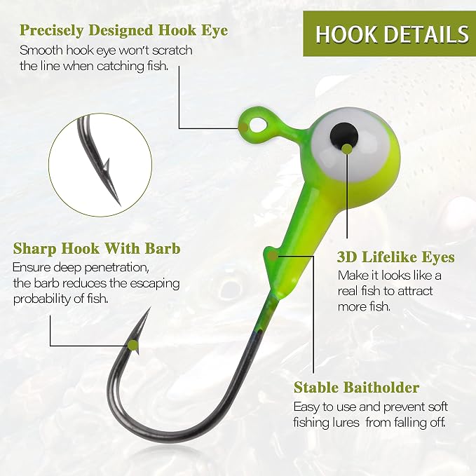 AGOOL Fishing Jig Heads Hooks Kit, 35/60pcs Round Ball Jig Heads Fishing Lures Crappie Jig Heads for Soft Plastic Baits Bass Trout Soft Worm Shrimp Lures Freshwater Saltwater