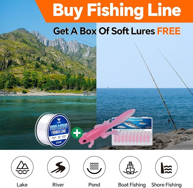 Pro Monofilament Fishing Line with Knot Instruction Cards for Multi Purpose Cost Effective, Strong Yet Thin Nylon String for Big Fishes, Tangle-Free & UV Resistant, 15/20/30/50/80LB