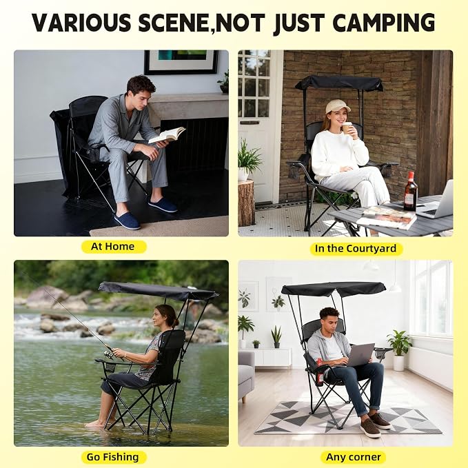YOUNG WOOD Camping Chair with Canopy, Beach Chair with Shade,Portable,Lightweight Oversized for All, Easy to Open and Close Without Installation, Side Pocket Design for All Outdoor Activities，Black