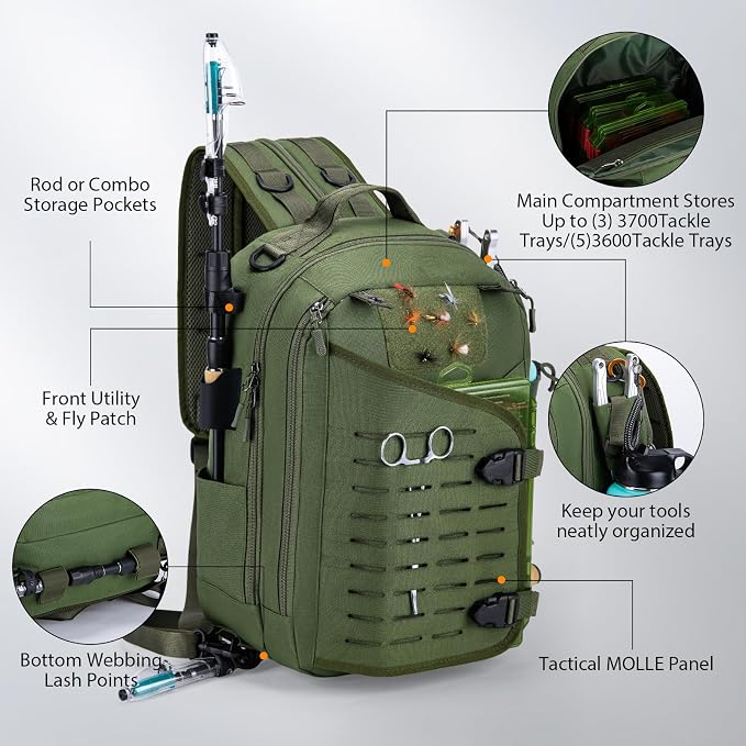 Goture Green Tackle Bag with 3600 Trays, Rod Holder 900D Fishing Tackle Storage Bag for Kayak, Shore Fishing
