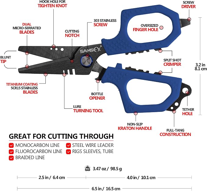SAMSFX 6.5" Pro Fishing Shears Dual Serrated Blades, Fishing Braided Line Scissors with Titanium Coating, Non-Slip Grip & Multifunction Tool, Includes Hard Molded Locking Sheath & Coiled Lanyard