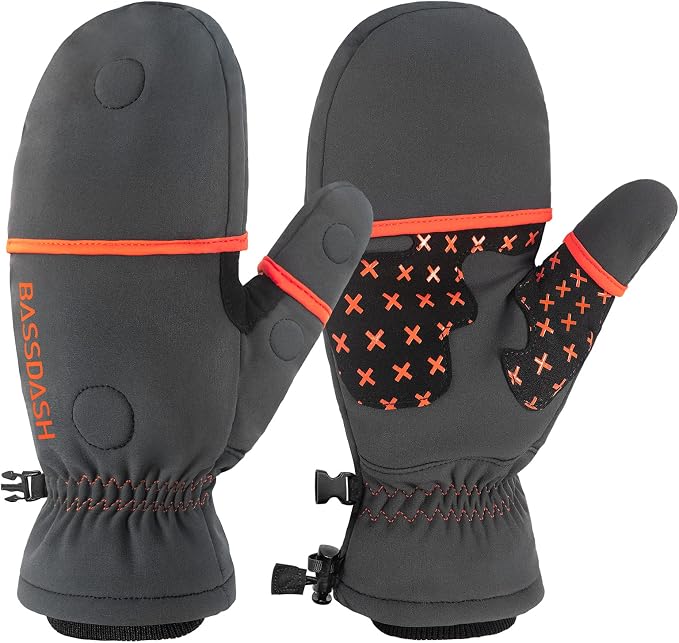 BASSDASH WinteFlex Insulated Ice Fishing Mittens Cold Weather Fingerless Gloves Water Resistant for Men Women Hunting