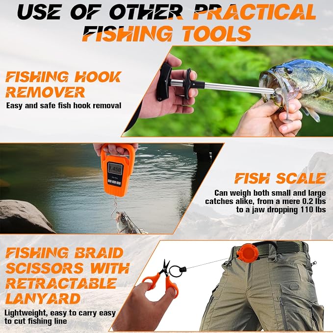 Hikary 10 Pcs Fishing Tool Kit,Folding Fishing Net Set with Storang Bag,Pliers with Lanyard and Protective Sheaths,Hook Remover,Fish Gripper,Fish Scale,Scissors for Fisherman Travel Gifts
