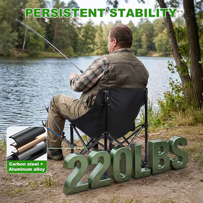 Folding Fishing Chair with Complete Accessories, Portable Camping Chair for Outdoor Fishing, 220LBS Load-Bearing, Non-Slip All-Terrain Design with Storage Bags, Carbon Steel Fishing Chair