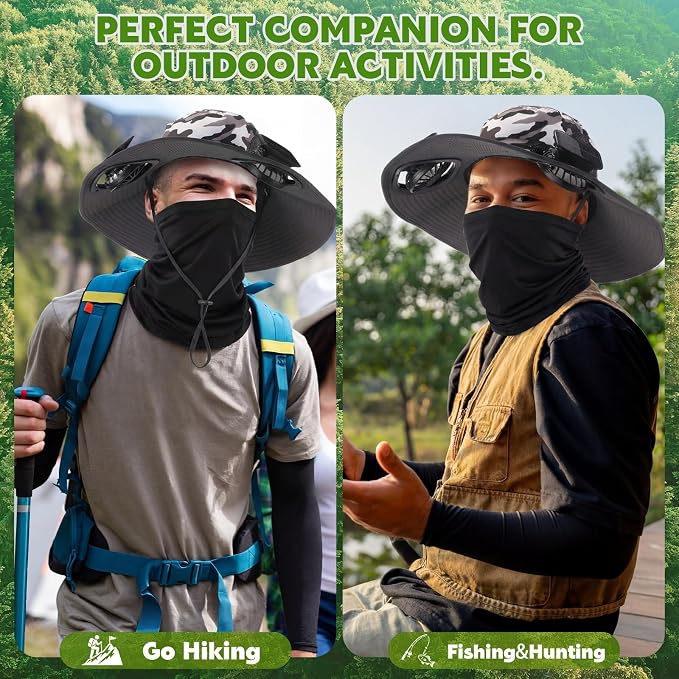 Syhood Solar Powered Fan Hat Neck Gaiter Arm Sleeves Sun Bucket Hat with Fan Cooling Wide Brim Hats for Fishing Hiking
