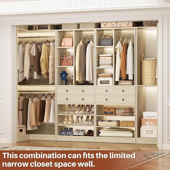 Closet System with 4 Drawers & Corner Tower, Closet Organizer System with 4 Hanging Robs, Reversible U Shaped Walk-in Closet System, Load 2600+LBS Capacity, Set of 4, Greige Oak