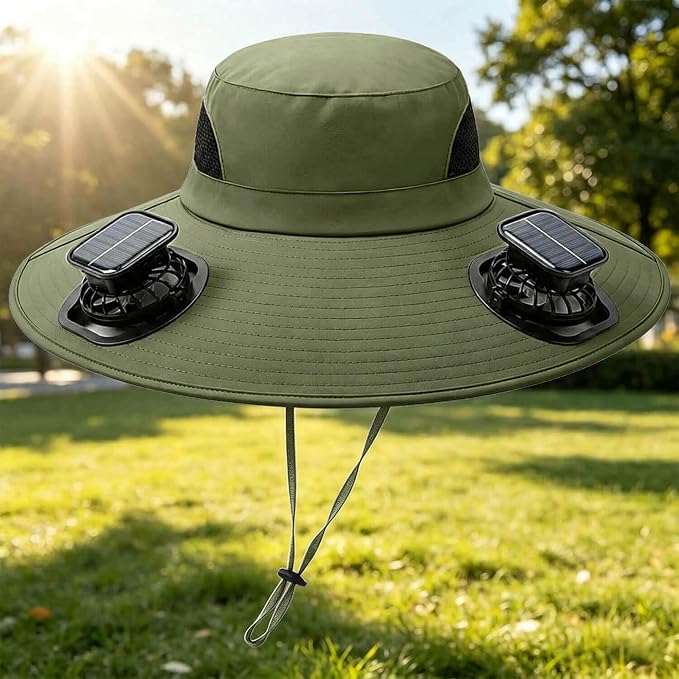 Solar Powered Fan Hat for Men Women Wide Brim Hat with 2 Fans UPF 50+ Outdoor Fishing Beach Sun Hat