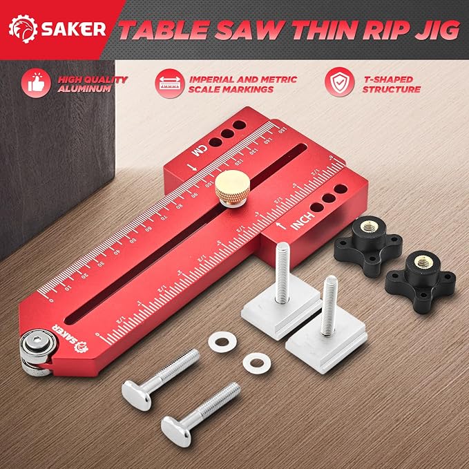 Saker Thin Rip Jig Table Saw Jig Guide, Making Repetitive Narrow Strip Cuts, Fit for 3/4" x 3/8" Slots, for Table Saw Band Saw Router Table(2PCS)