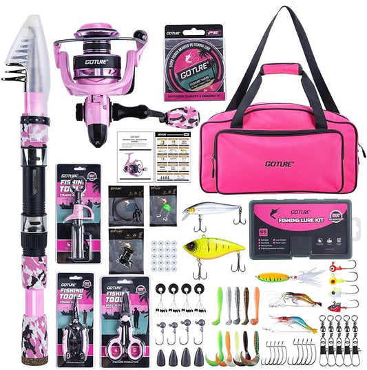 Goture Pink Fishing Rod and Reel Combo - ML Action Spinning Reel Pole with Pink Bag - Telescopic Rod Kit for Starter Travel Saltwater Freshwater, Gift for Woman