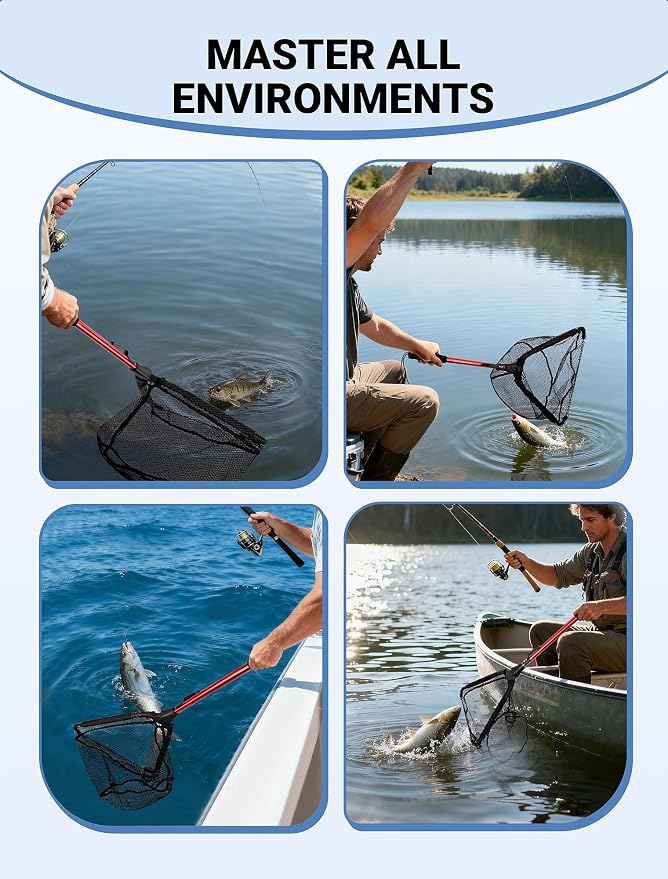 Upgraded Foldable Floating Fishing Net, Tangle-Free Anti-Snag Coated Landing Net, Quick Release & Easy Fold, Portable Fishing Gear for Ranger Boat, Kayak & Trout Salmon Bass Fishing, Gifts for Men