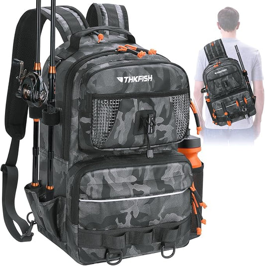 THKFISH Fishing Backpack Tackle Sling Bag, 20L Tackle Backpack with Rod Holder Store Fishing Gear, Gifts for fishermen