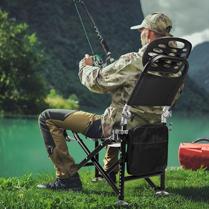 Foldable Fishing Chair with 2 Rod Holders & Iron Frame, Heavy Duty 300lb Portable Adjustable Camping Chair for Bank Fishing Outdoor Adventures Black
