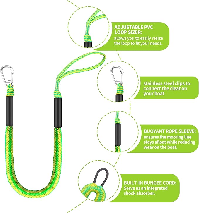 Boat Bungee Dock Lines – Adjustable Boat Tie Downs for Pontoon, Jet Ski, PWC, Kayak | Single Hook Small Cruiser Mooring Lines | (2, Green & Yellow, 4 Feet)