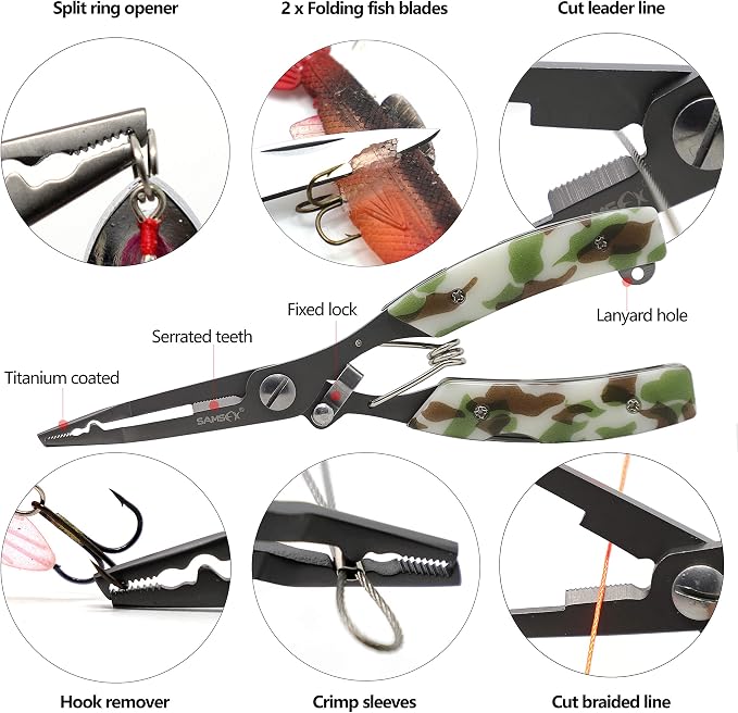 SAMSFX Locking Fishing Pliers Saltwater Resistant Teflon Coated Briad Line Cutters with Wire Coiled Lanyard, Sheath & Quick Knot Tool Combo