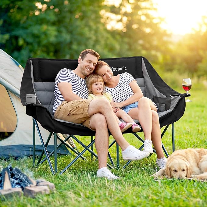 Youtanic Oversized Extra Large Double Padded Camping Chair up to 660lbs, Folding Loveseat Camp Couch with Pocket, Carry Bag, Portable Camping Chairs for Adults, Fishing, Sports, Trip, Black