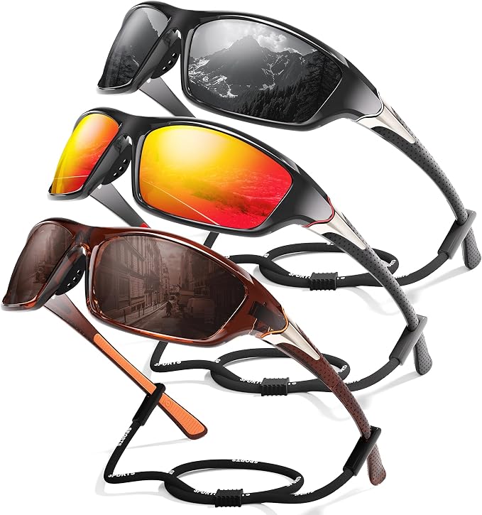 3 Pack Polarized Sports Sunglasses for Men, Mens Sunglasses Wrap Around UV Protection for Cycling Fishing Driving