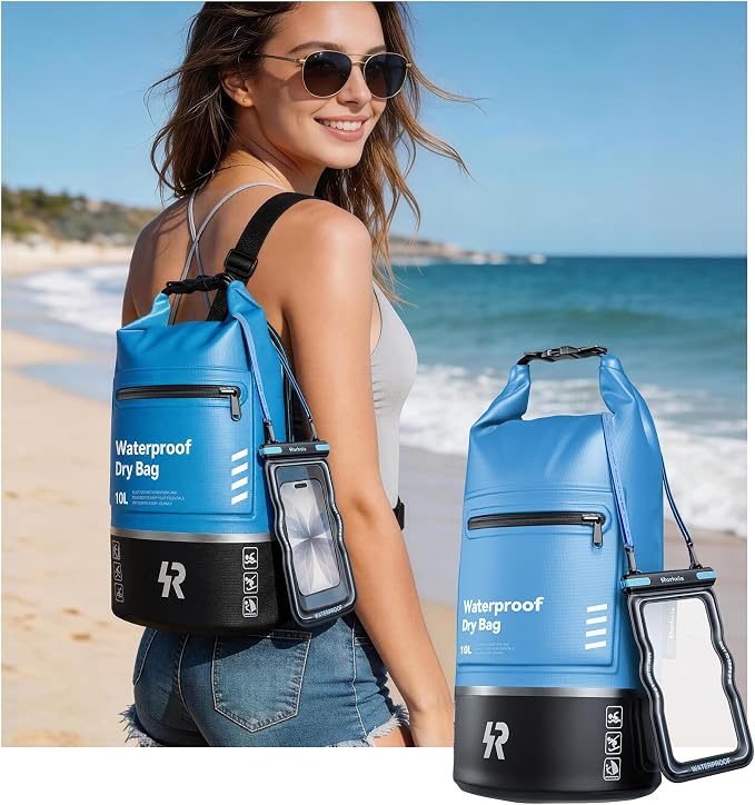 Rorhxia 10L Waterproof Dry Bag, [Upgraded Waterproof & Tearproof] with Bonus Phone Waterproof Case, Roll Top Floating Waterproof Storage Bag for Kayaking, Beach, Fishing, Gym, Camping Outdoor
