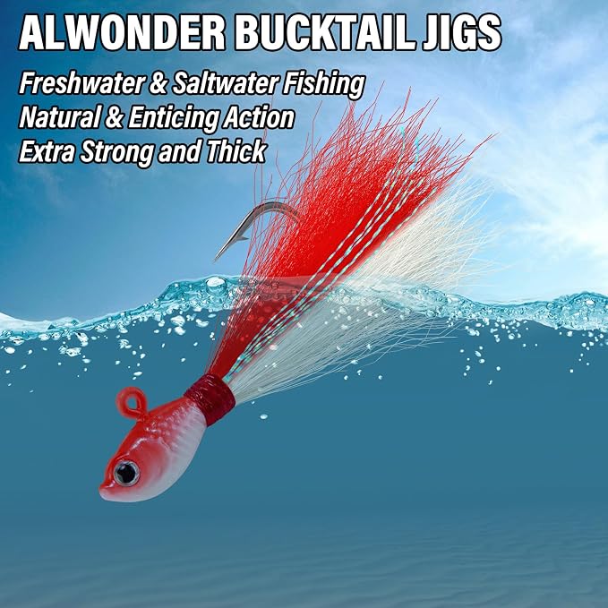 Alwonder 5-Pack Bucktail Jigs Hair Jigs Saltwater Freshwater Fishing Bucktail Lures Surf Fishing Jig Heads White Luminous Chartreuse Swimbait Jig for Bass Flounder Striper Bluefish Halibut Redfish