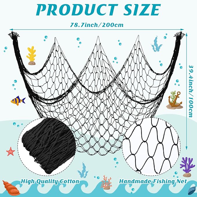 12 Pack Decorative Fish Netting for Party 80 x 40 Inch Natural Cotton Fish Net Decorations for Pirate Ocean Under The Sea Hawaiian Mermaid Party Picture Wall Hanging Decoration(Black)
